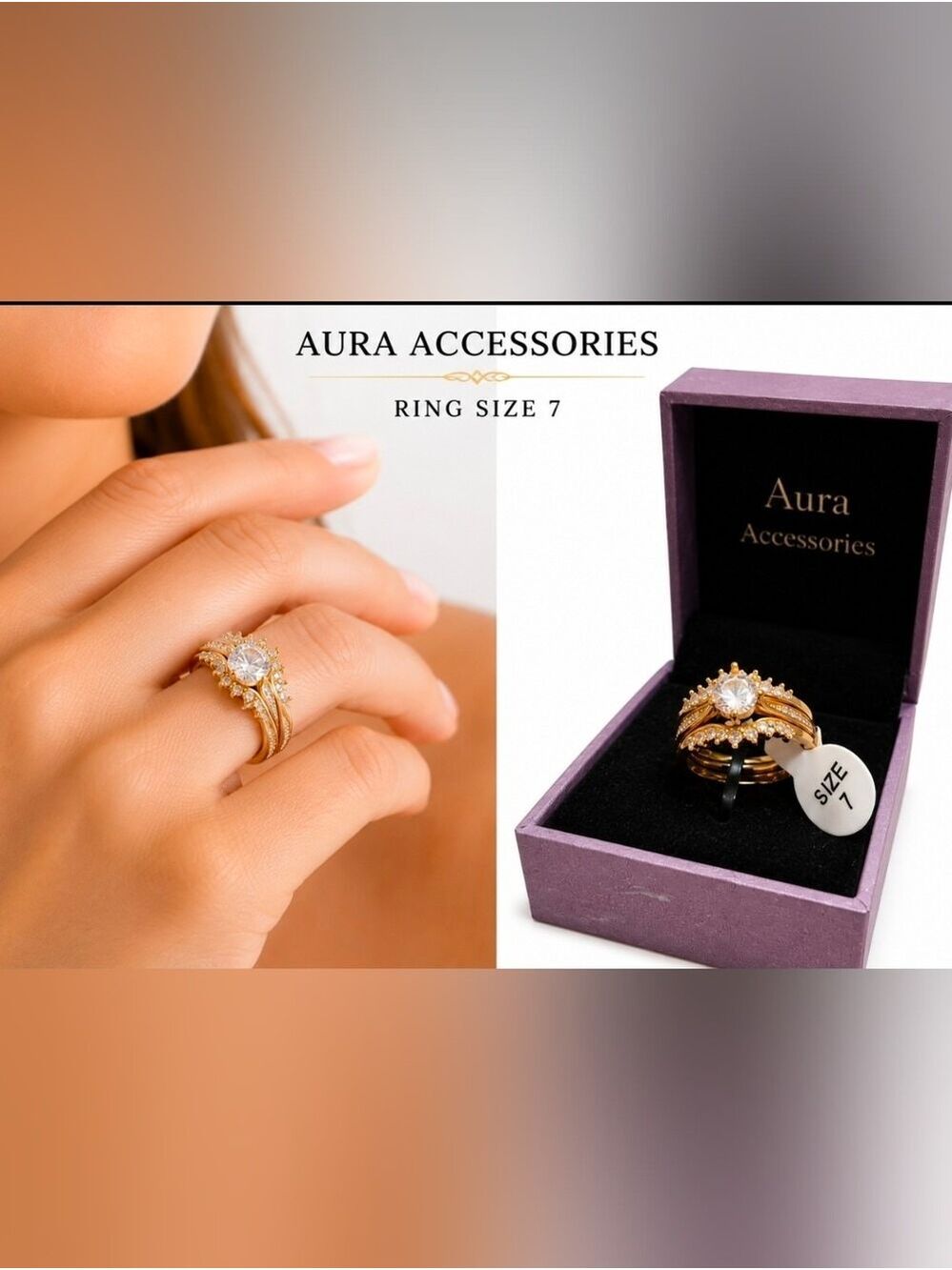 Aura Accessories Engagement Bridal Gold Rhinestone Statement Ring Size 7 NWT